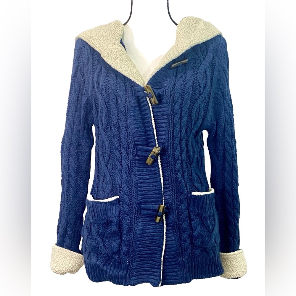 Cabelas Vtg. Blue Hooded Faux Shearling Toggle Knit Fisherman Sweater Cardigan M